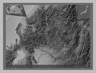 Gifu, Japan. Grayscale. Labelled points of cities