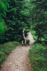 Obraz premium hiking in the mountains. hiker in the forest. The girl travels along the mountain paths. Carpathian Mountains