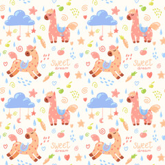 Fototapeta premium Vector seamless pattern with cute pink horses with red hearts surrounded with carrots, stars, hearts, clouds, stars and swirls. Cute pattern for kids apparel and stuff.