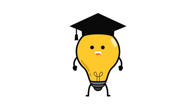 Light bulb idea wearing graduation hat cute kawaii cartoon animation. White and green screen background.