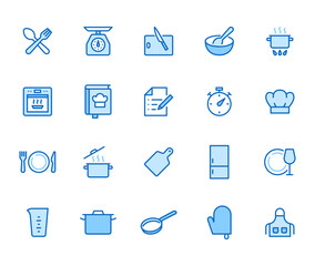 Cooking line icon set. Kitchen tools - pan, pot, dinner utensil, cookbook, chef hat minimal vector illustration. Simple outline sign for food recipe instruction. Blue Color, Editable Stroke