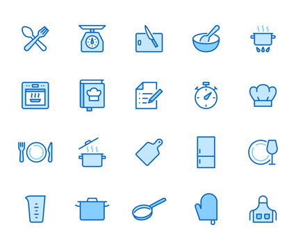 Cooking Line Icon Set. Kitchen Tools - Pan, Pot, Dinner Utensil, Cookbook, Chef Hat Minimal Vector Illustration. Simple Outline Sign For Food Recipe Instruction. Blue Color, Editable Stroke