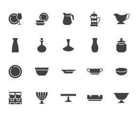 Glass crockery flat icon set. Tableware - plate, jug, dish, ashtray, salad bowl, decanter, wineglass minimal vector illustration. Simple glyph, silhouette sign of dinnerware