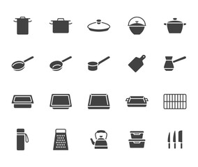 Cookware flat icon set. Kitchen equipment - cooker pan pot, frying griddle, lid, knife grater minimal vector illustration. Simple glyph, silhouette sign of cooking utensils