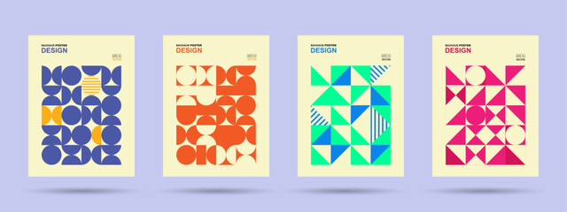 Abstract Bauhaus geometric pattern background, vector circle, triangle and square lines art design. Vintage color Bauhaus Swiss pattern background, posters set, abstract cover backgrounds. © Shigit