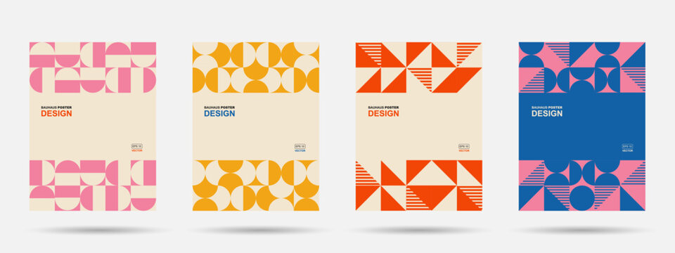 Abstract Bauhaus geometric pattern background, vector circle, triangle and square lines art design. Vintage color Bauhaus Swiss pattern background, posters set, abstract cover backgrounds.
