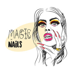 Portrait of a girl with bright makeup, fangs and long nails, magic nails
