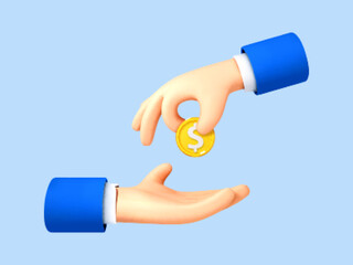 3D cartoon hand giving coin to palm on blue background. Money payment concept. Vector 3d illustration