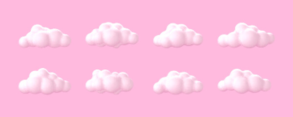 3D white clouds. Soft round cartoon fluffy cloud icons isolated on pink background. Vector 3d illustration in cartoon style