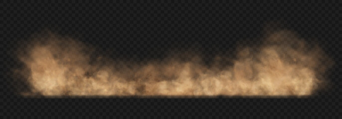Dust sand cloud with stones and flying dusty particles isolated on transparent background. Brown dusty cloud or dry sand flying. Realistic vector illustration. - obrazy, fototapety, plakaty