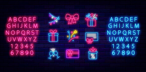Merry Christmas and Happy New Year neon icons collection. Garland and firework. Vector stock illustration
