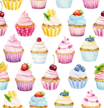 Watercolor seamless pattern with cupcakes isolated on white background. Hand drawn watercolor illustration.