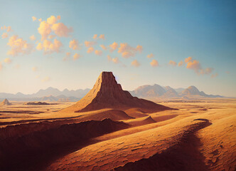 Fototapeta na wymiar A picture of the desert mountain landscape, sand and dunes in the desert. A breathtaking landscape illustrated view