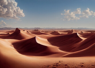 Naklejka na ściany i meble A picture of the desert mountain landscape, sand and dunes in the desert. A breathtaking landscape illustrated view