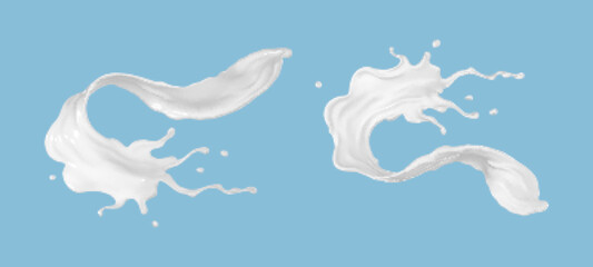 Milk splash set isolated on blue background. Realistic vector illustration.