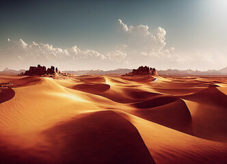 A picture of the desert mountain landscape, sand and dunes in the desert. A breathtaking landscape illustrated view - obrazy, fototapety, plakaty