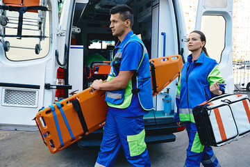 Emergency medical services. Paramedics with first aid medical equipment and stretcher in their...