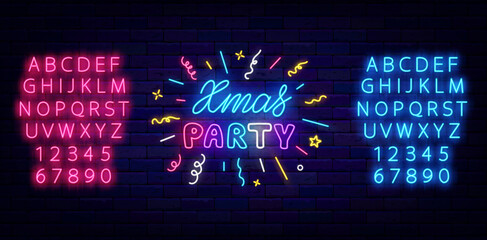 Xmas party neon signboard with firework. Shiny pink and blue alphabet. Night club event. Vector stock illustration