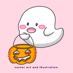 ghost holding pumpkin. Cartoon vector art and illustration.