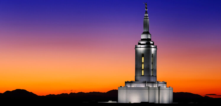 Pocatello Idaho LDS Mormon Temple with Lights at Sunset
