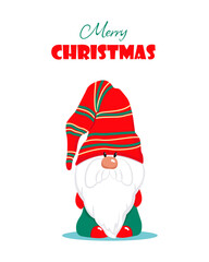 Christmas greeting card with a cute bearded gnome. Winter holiday character. Vector illustration in flat style. Merry Christmas.