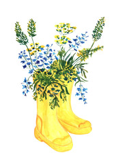 Watercolor yellow boots with flowers