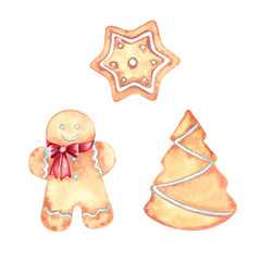 Christmas gingerbread, winter holiday food, tree, star and little man. Watercolor illustration. Isolate. Merry Christmas