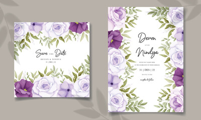Elegant wedding invitation card with purple flower decoration