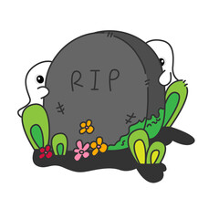 A little ghost is hiding behind a cemetery sign.