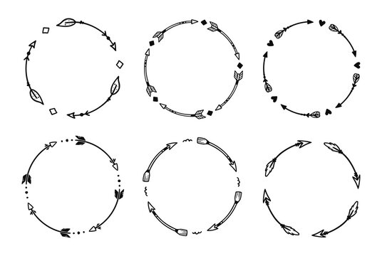 Boho arrow circle frame set. Hand drawn doodle african, aztec rustic ethnic arrow border, ornament circle frame. Tribal boho decor design. Vector illustration.