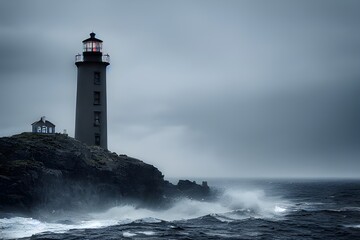 A lighthouse lashed by waves during a storm.