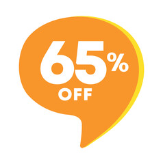 65% off. Price discount. Sale of special offers. Ad with shopping tag. Retail advertising campaign, stores. Vector illustration.