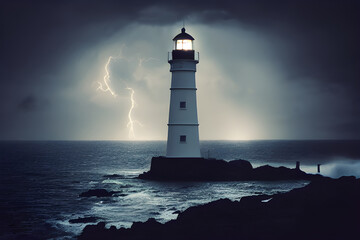 A lighthouse lashed by waves during a storm.