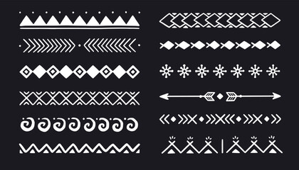 Hand drawn folk motif, ethnic pattern chalkboard set. Peru, mexican, aztec drawn border pattern. Boho, indian decoration, arrow element. Vector illustration. - obrazy, fototapety, plakaty