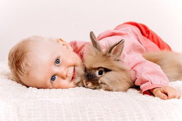 Fototapeta na wymiar A girl hugs a rabbit. Beautiful young smiling girl is hugging a little red rabbit; child and rabbit. The child is lying on the sofa in an embrace with a rabbit. Tenderness and love for your pet