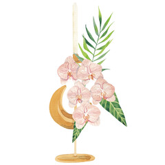 Orchid flower composition with stylish candle ans metal moon in bohemian style