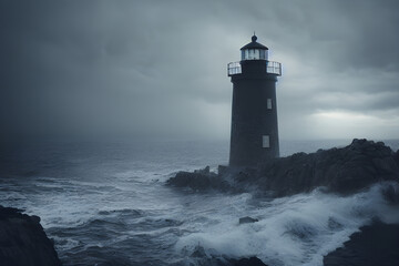 Fototapeta na wymiar A lighthouse lashed by waves during a storm.