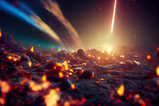 Meteor Impact On a planet - Fired Asteroid In Collision With Planet - Contain 3d Rendering. Background, concept art.