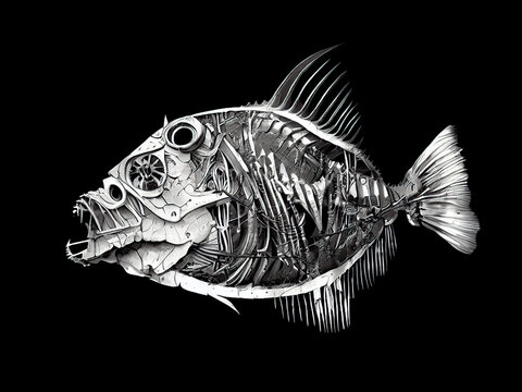 Mechanical steampunk fish skeleton. Digital illustration. Isolated on black background.