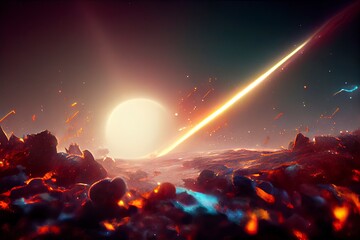 Fototapeta na wymiar Meteor Impact On a planet - Fired Asteroid In Collision With Planet - Contain 3d Rendering. Background, concept art.