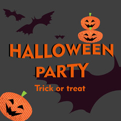 Happy Halloween card with pumpkin 's smile, bats and orange greeting text on dark gray background. Flat design. Vector.