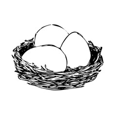 Nest with three eggs. Spring hand drawn illustration. Doodles