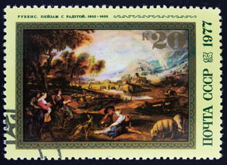 Postage stamp 'Landscape with Rainbow, Peter Paul Rubens,1632-1635' printed in USSR. Series: '400 years since the birth of Peter Paul Rubens' design by G.Komlev, 1977
