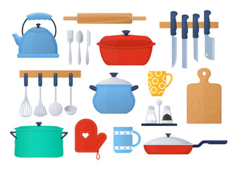 Kitchen utensils and crockery - flat design style objects set
