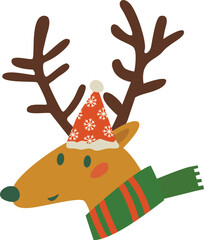 Christmas deer Rudolf with a Christmas hat and green scarf. Happy New Year.