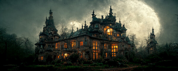 Naklejka premium Magical mansion under a full moon in a dark sky at night. Halloween concept banner background
