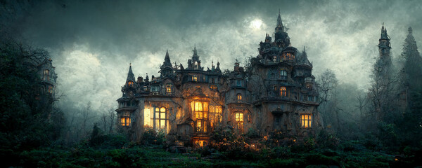 Magical mansion under a full moon in a dark sky at night. Halloween concept banner background - obrazy, fototapety, plakaty