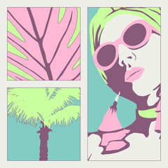 Fashion minimal illustration. Stylish comic collage set. Girl and abstract design art