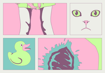 Fashion minimal illustration. Stylish comic collage set. Girl and abstract design art