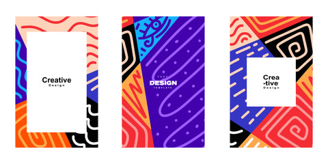 Set of abstract trendy poster template design in ethnic style. Collection of retro modern illustration outline stroke pattern background
